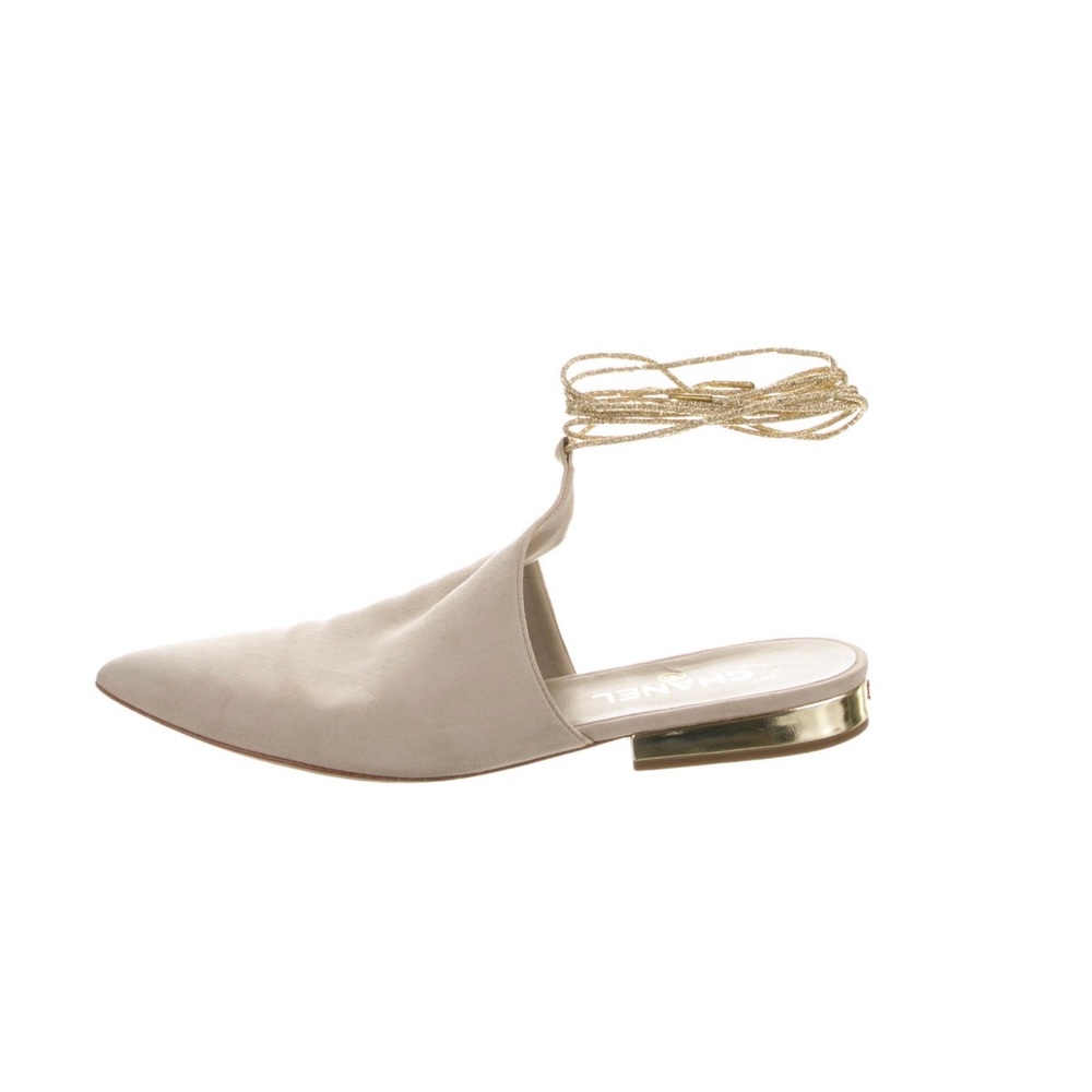 Chanel 2015 Interlocking CC Logo Ankle Tie Suede Mule Beige Colorway 9.5 - Picture 3 of 8